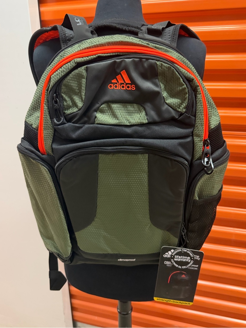 NWT Adidas Men's Climaproof Strenght Green/Black Athletic Backpack with Orange